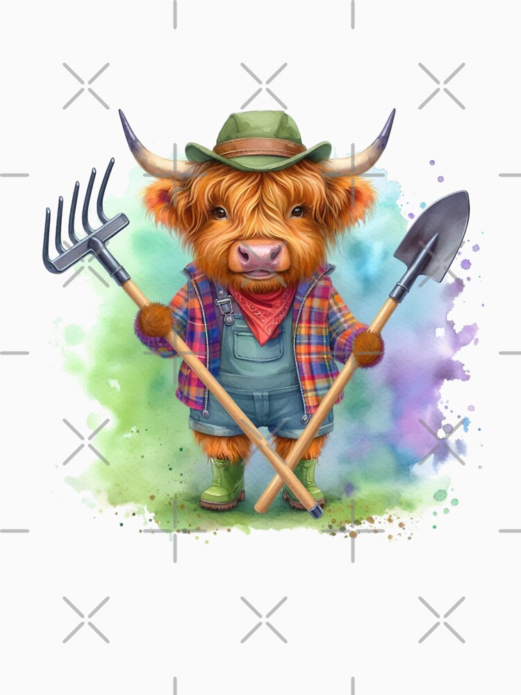 Scottish Highland Cow Gardening Colorful Watercolor by MaedK