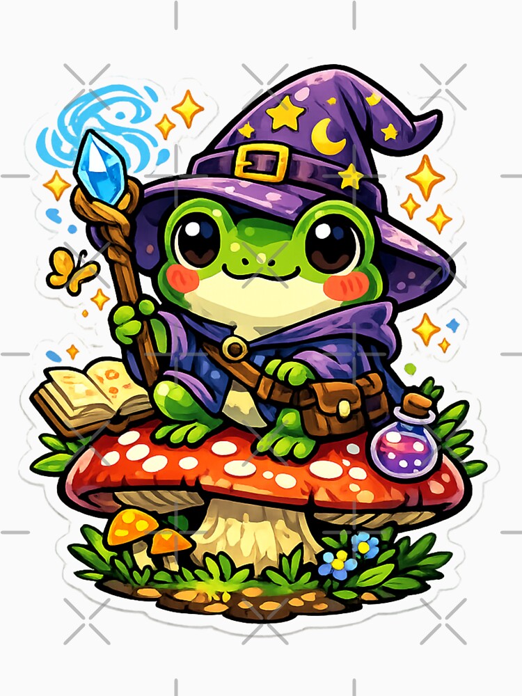 Cute Frog Wizard Sitting on Mushroom – Kawaii Fantasy Magic Frog Sticker, Magical Frog Illustration by ArtsyExplorer