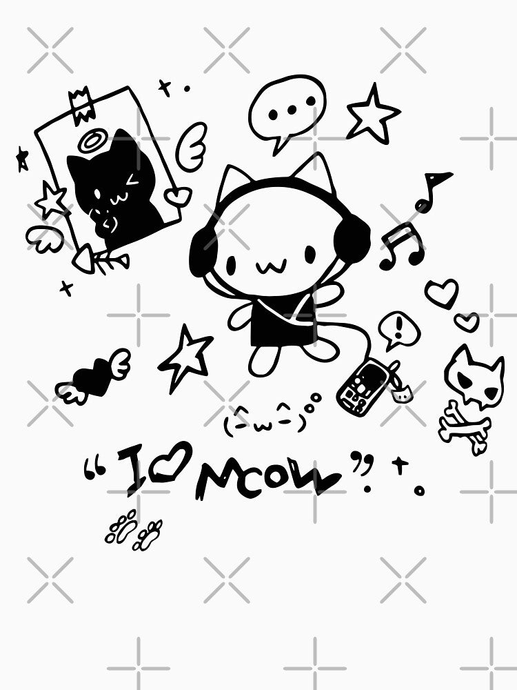 Kawaii Y2K Cyber Grunge Headphones Cat Doodle I Love Meow by Krasnovaovaova