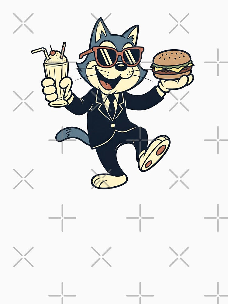 Cool Retro Cat with Burger and Milkshake by Imaginationbeyond