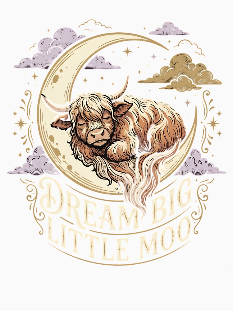 Dream Big Little Moo – Sleeping Highland Cow on Crescent Moon by BumbleBloom7