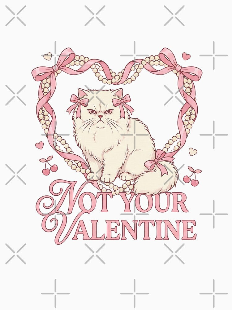 Not Your Valentine Grumpy Cat | Coquette Aesthetic Pearl Bow Heart | Funny Anti-Valentine by ExpertSayeed
