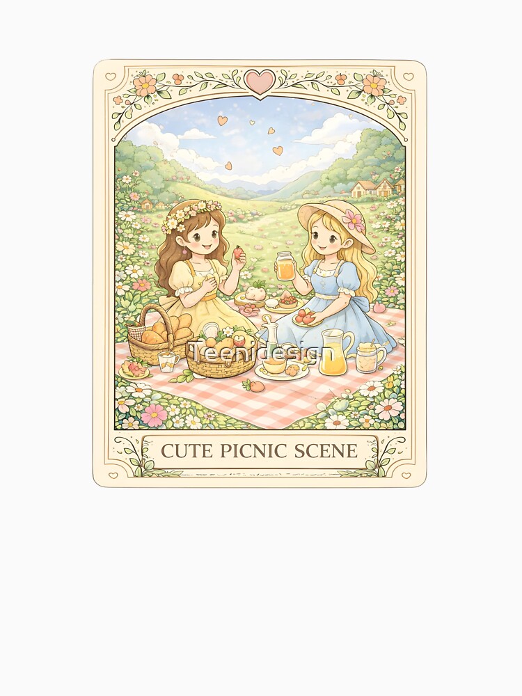 Cute Picnic Scene with Girls Enjoying Fruit Bread and Lemonade in Flower Meadow Illustration by Teenidesign