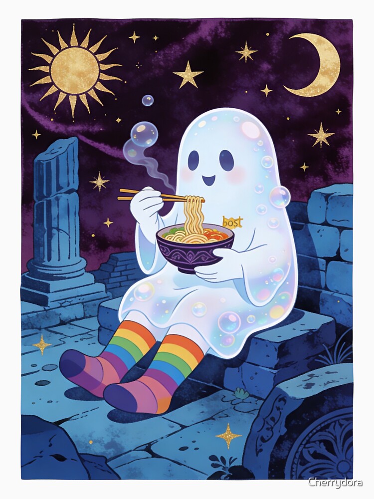 Kawaii Ghost Eating Ramen Noodles in Ancient Ruins - Cosmic Dreamy Pastel Goth Aesthetic by Cherrydora