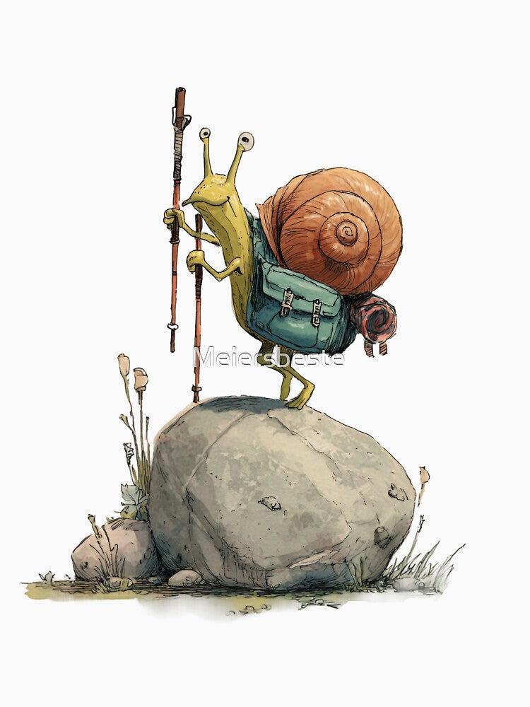 Wandering snail – watercolor illustration with backpack by Meiersbeste