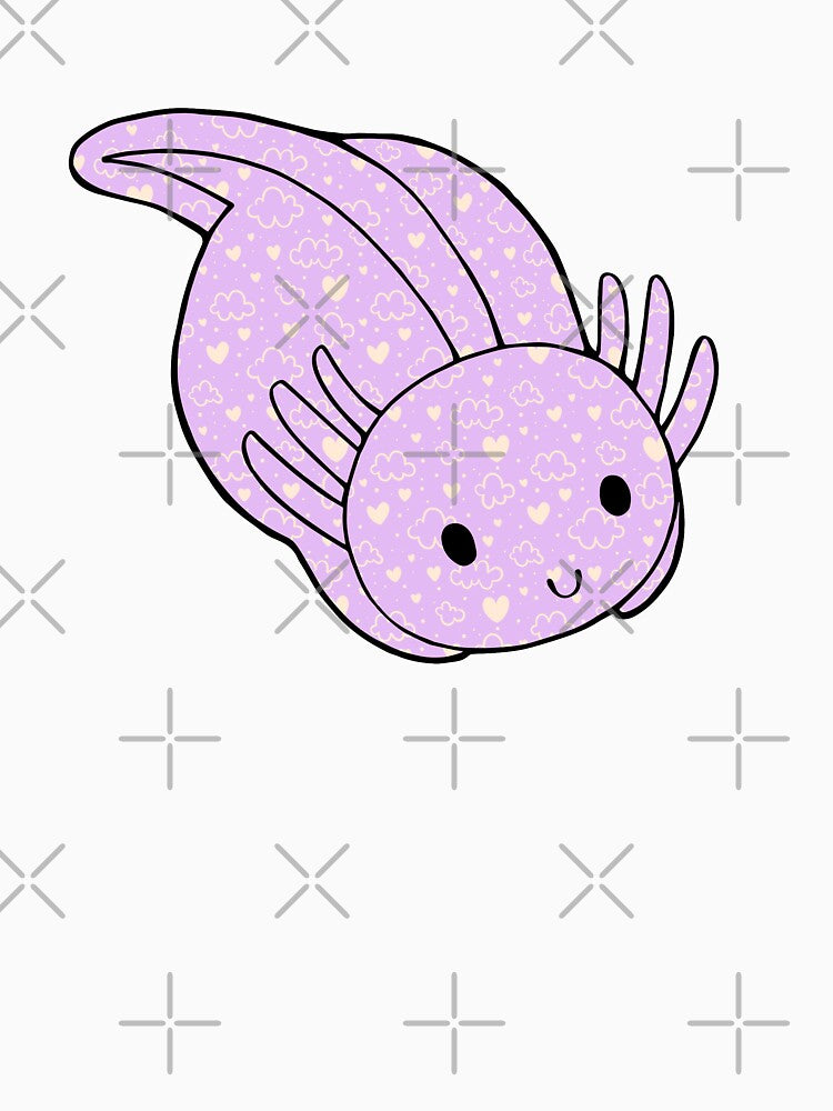 Cute Kawaii Baby Chibi Axolotl in Pastel Lavender Purple with Hearts and Cloud Pattern by InkMemories