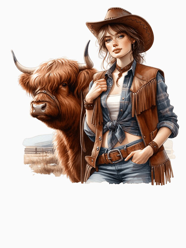 Western Cowgirl and Highland Cow by WesternBeauties