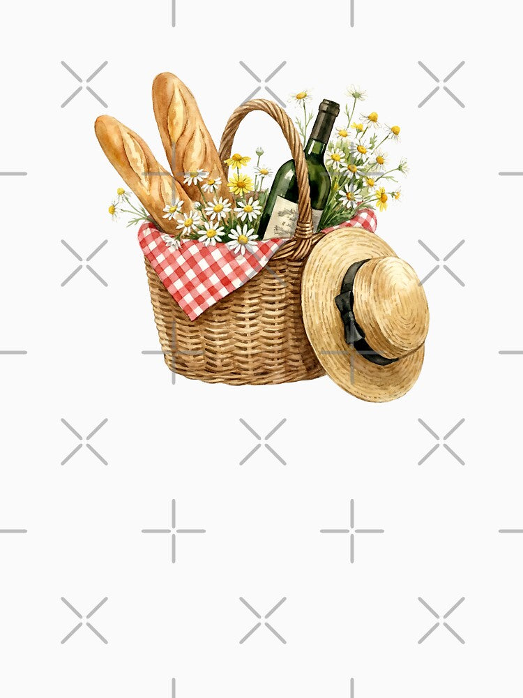Vintage Picnic Basket Illustration with Bread, Wine and Wildflowers by Imaginationbeyond