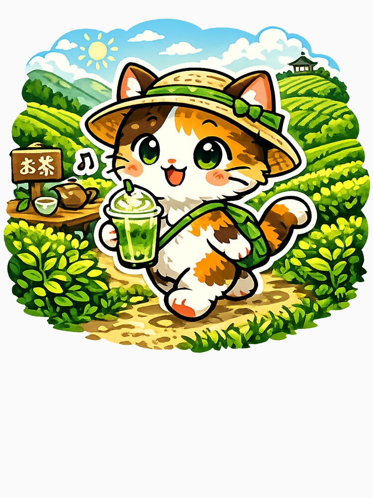 Matcha Tea Fields Cat Sticker – Kawaii Japanese Tea Culture Cafe Aesthetic Anime Cat Design by kawaii animal store (in Japan)