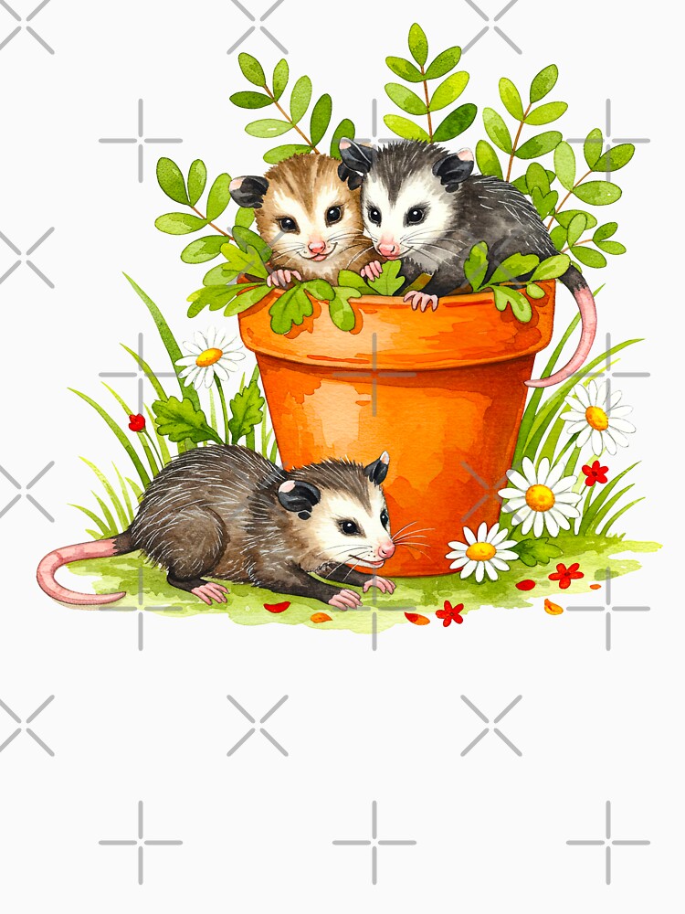Cute Baby Opossums in Flower Pot by TeeARTHY