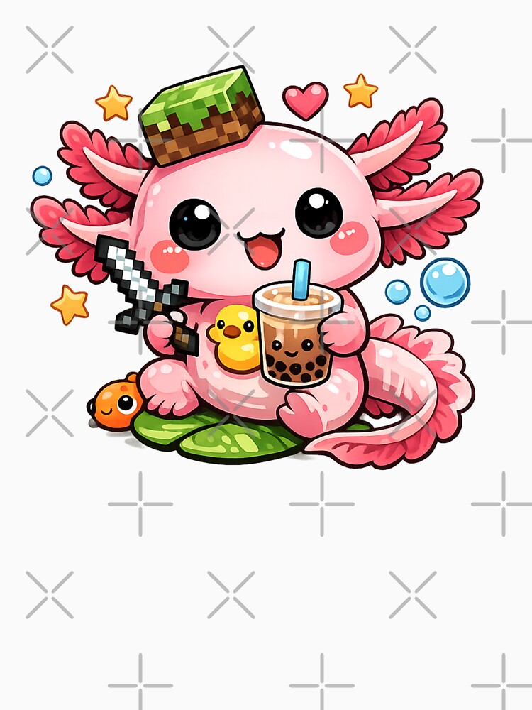 Cute Gamer Axolotl Drinking Bubble Tea Kawaii Fantasy Art by RetroPop23