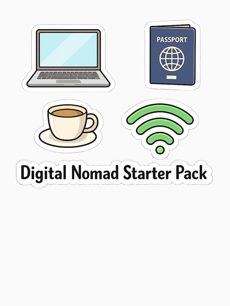 Digital Nomad Starter Pack Sticker – Laptop Passport Coffee WiFi Remote Work Humor by ZYNORAworld