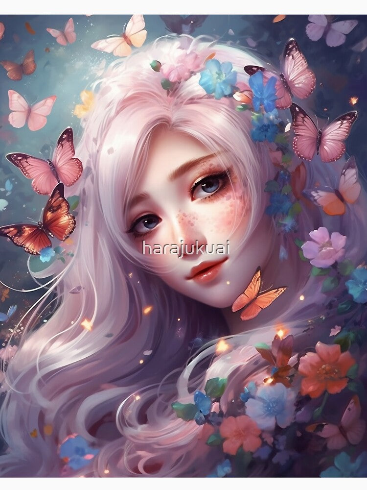 Dreamy Girl Portrait with Long White Hair and Colourful Butterflies #4 by harajukuai