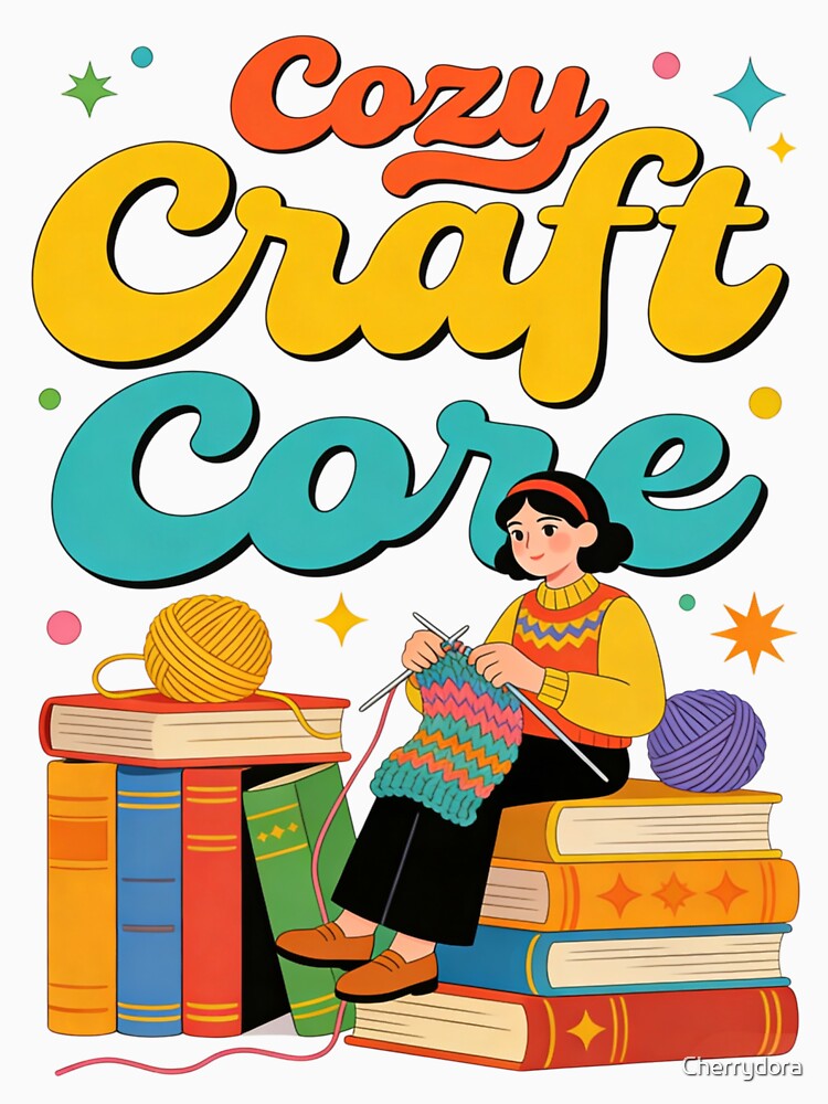 Cozy Craft Core Aesthetic Design | Retro Knitting Hobbyist Sitting on Books Stack Illustration by Cherrydora