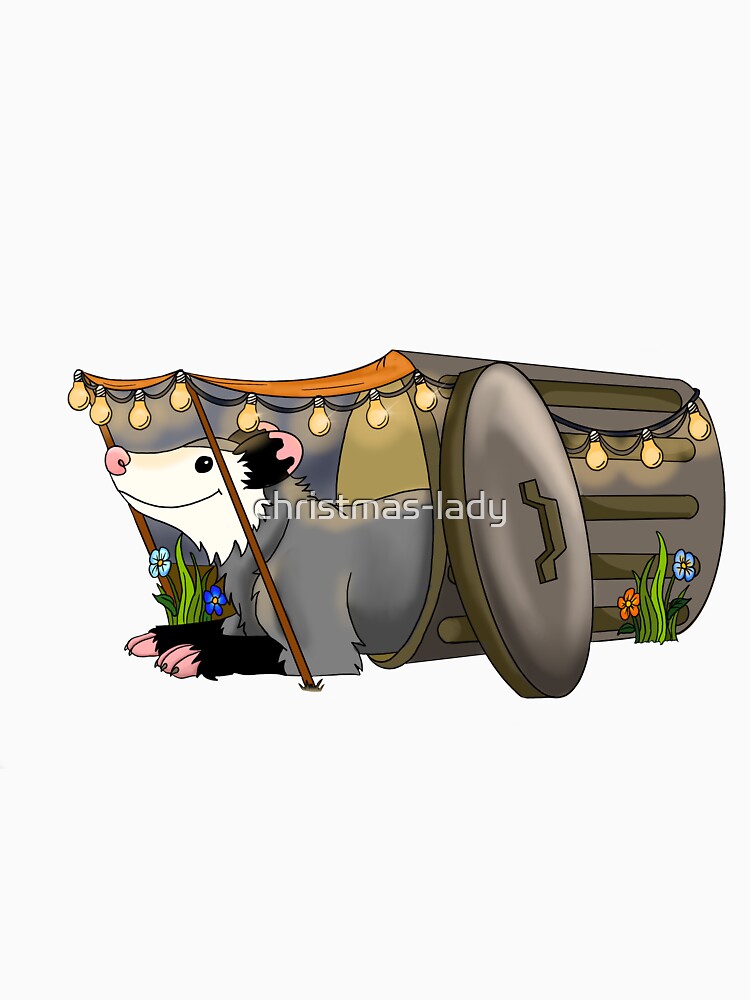 Opossum in trash can with party lights by christmas-lady