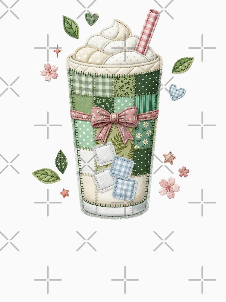 Patchwork Matcha Latte Quilted Green Tea Cottagecore Art by BVDigitalArt