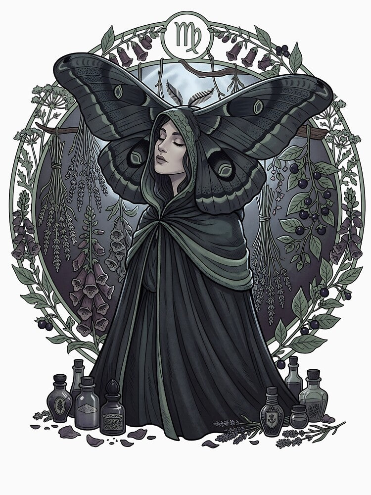 Virgo Whimsigoth Zodiac Art — Dark Botanical Earth Sign Astrology Design by DriftingDoodle