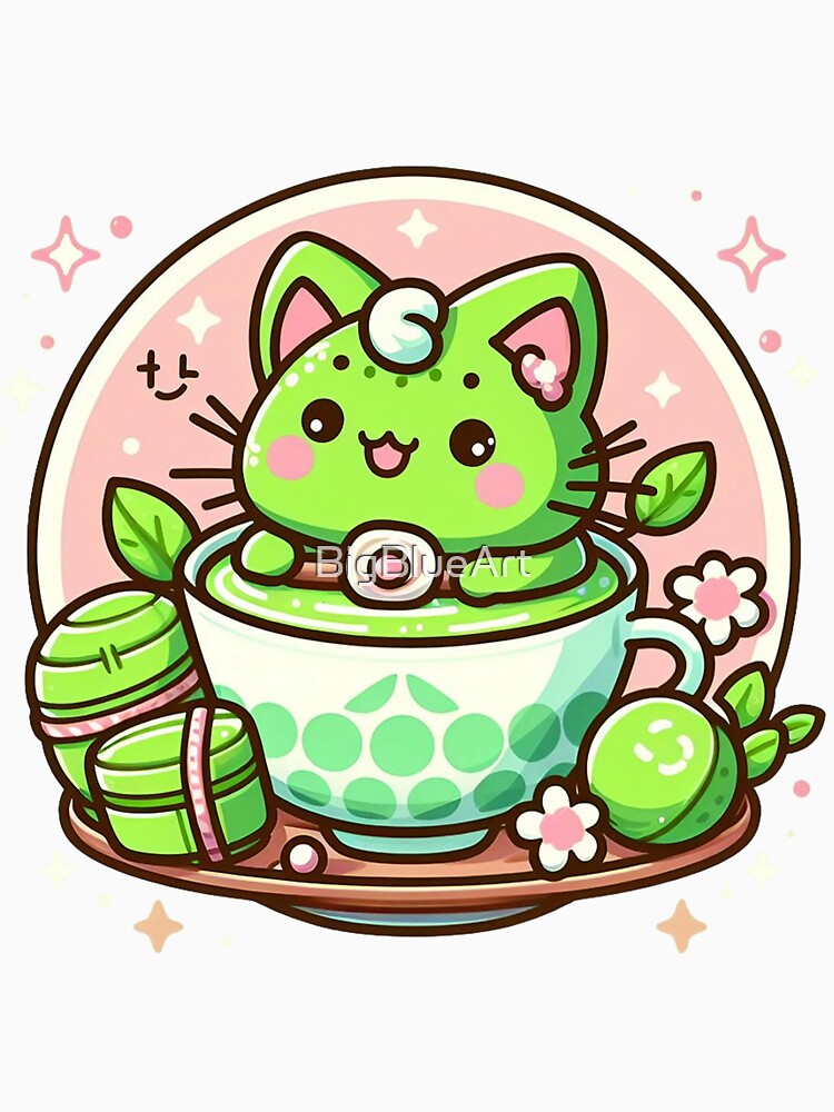 Kawaii Matcha Cat In Teacup Art by BigBlueArt