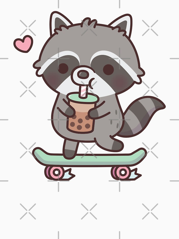 Cute Skateboarding Raccoon Drinking Boba Tea by rustydoodle