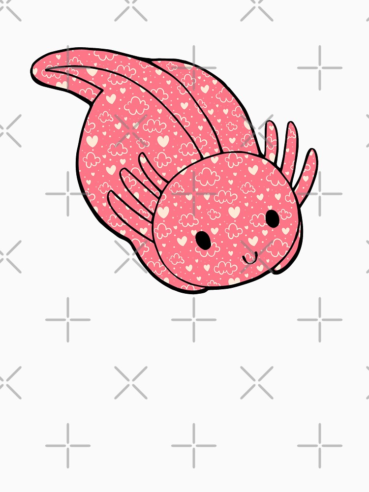 Cute Kawaii Baby Chibi Axolotl in Coral Pink with Hearts and Cloud Pattern by InkMemories