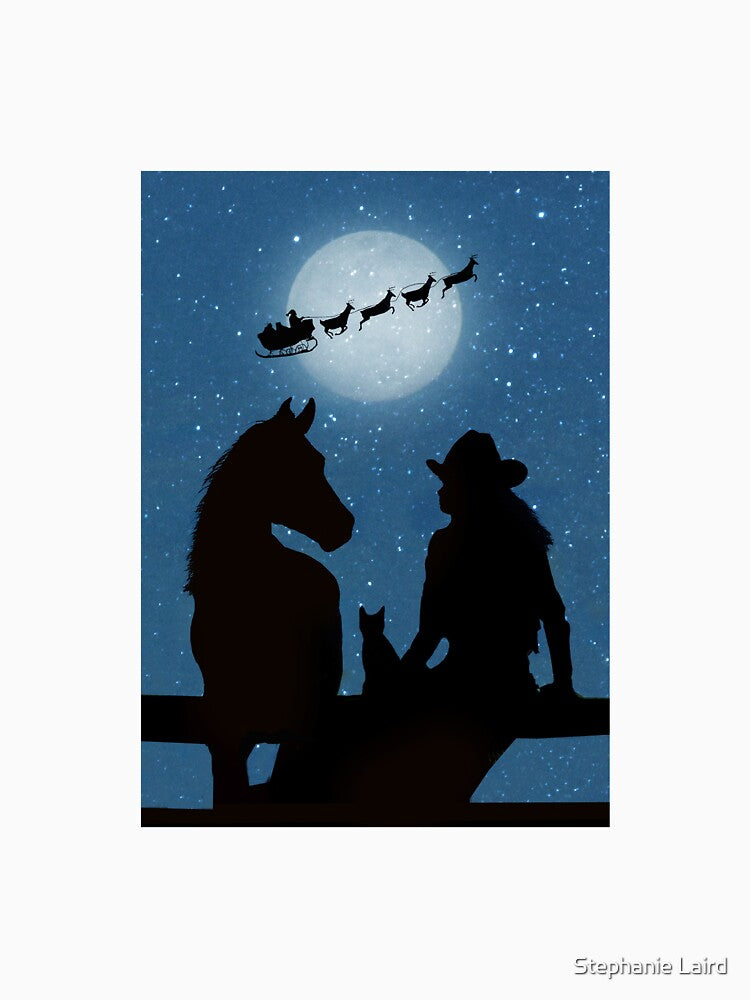 Country Western Cowgirl and Horse and Cat with Santa Reindeer and Sleigh Holiday Christmas Scene by Stephanie Laird