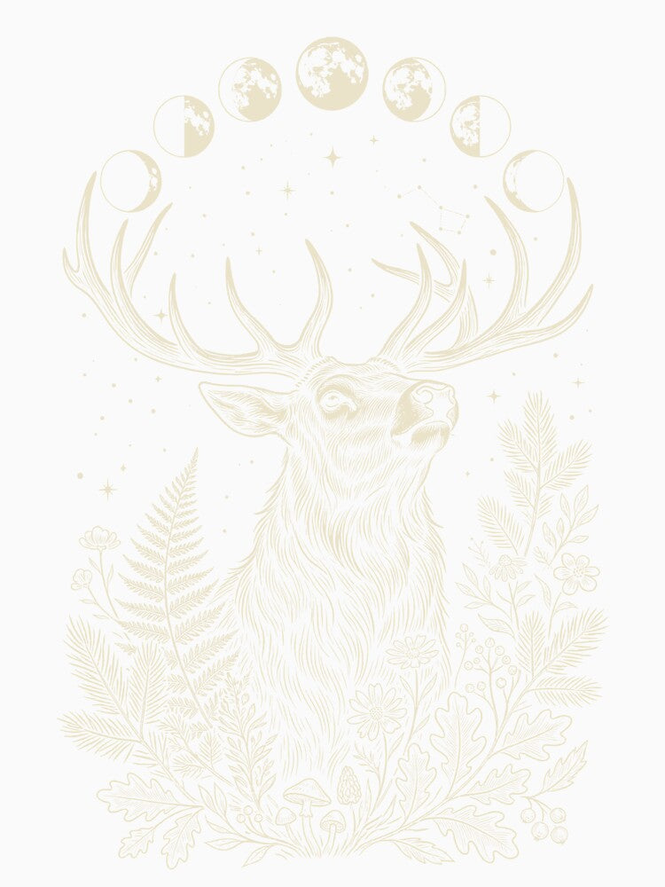Deer Moon Phases – Sacred Woodland Celestial Illustration by Skyleton