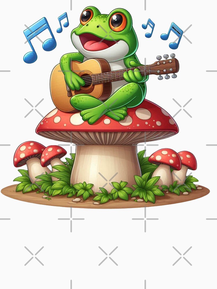 Frog Playing Guitar Sitting on Mushroom by Myra365Art