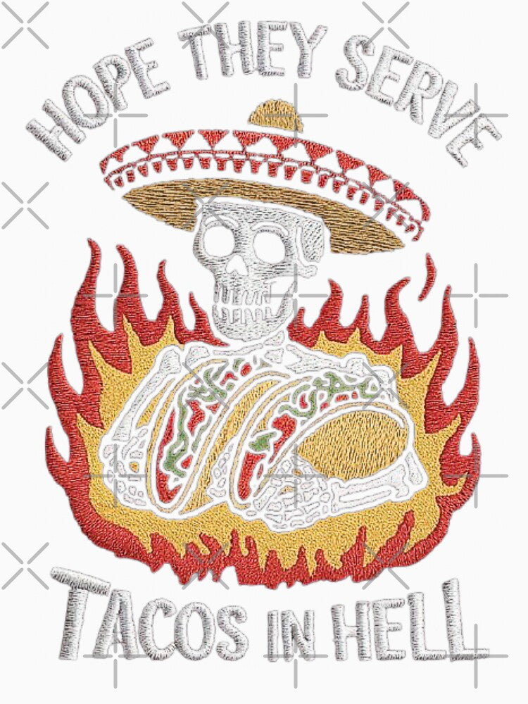 Skeleton Holding Tacos in Flames - Funny Hell-Themed Design by love3617