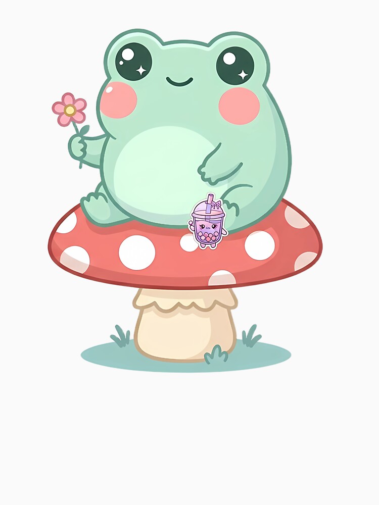 Cute Kawaii Frog Sitting on Mushroom with Flower Pastel Art by LYZ7VANI