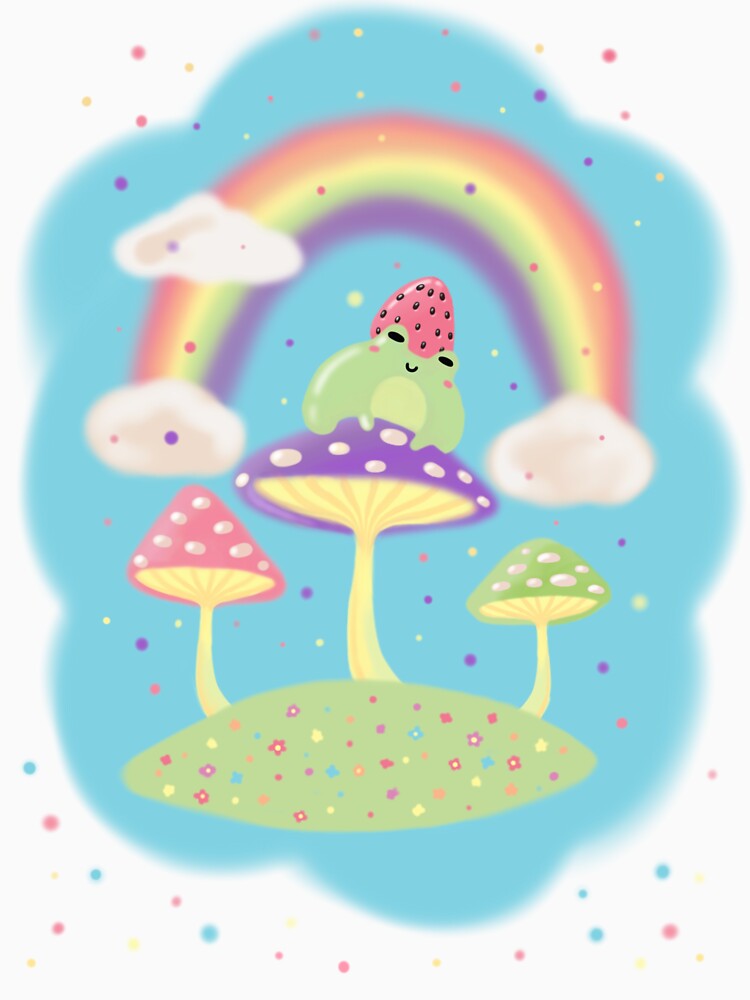 Cute frog sitting on a mushroom with strawberry hat on by HotSnob
