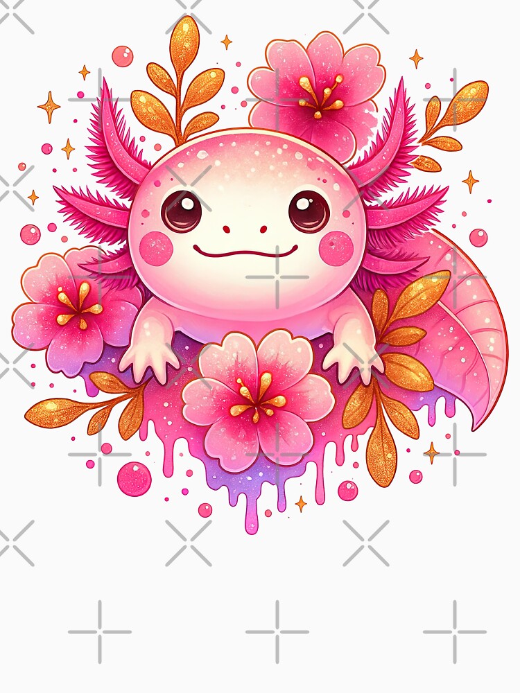 Cute Pink Axolotl Surrounded by Flowers and Sparkles by ArtfulWeave