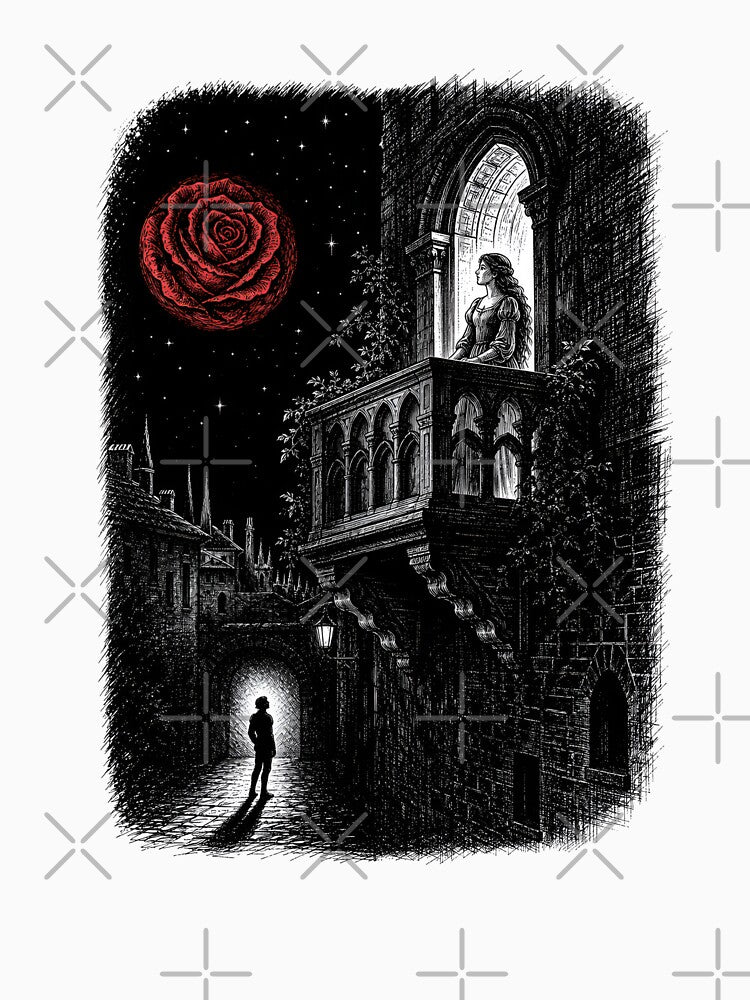 Romeo and Juliet Rose Moon Night Balcony Engraving by Fenay Designs