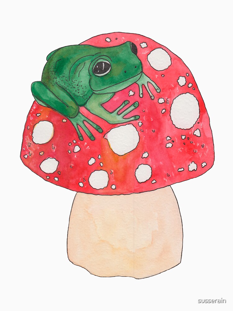 Green tropical frog on red mushroom by susserain