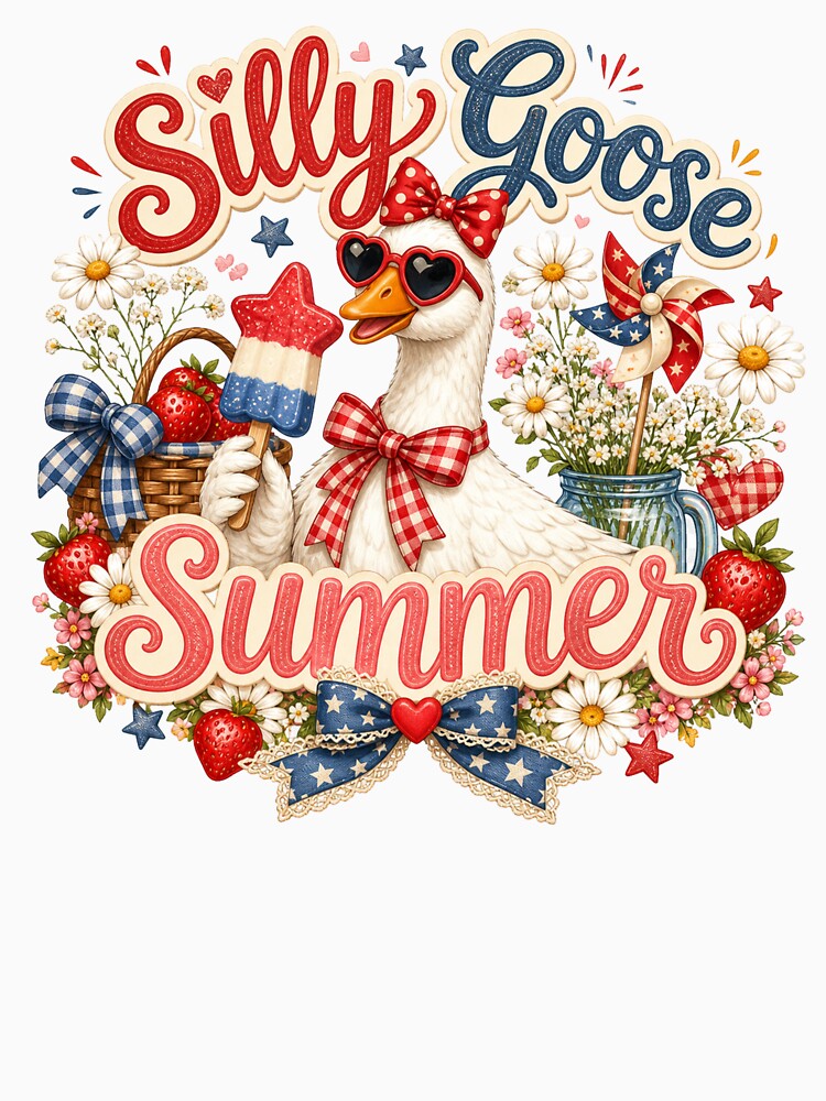Silly Goose Summer Cute Patriotic Strawberry Goose Design by PixelModeShop