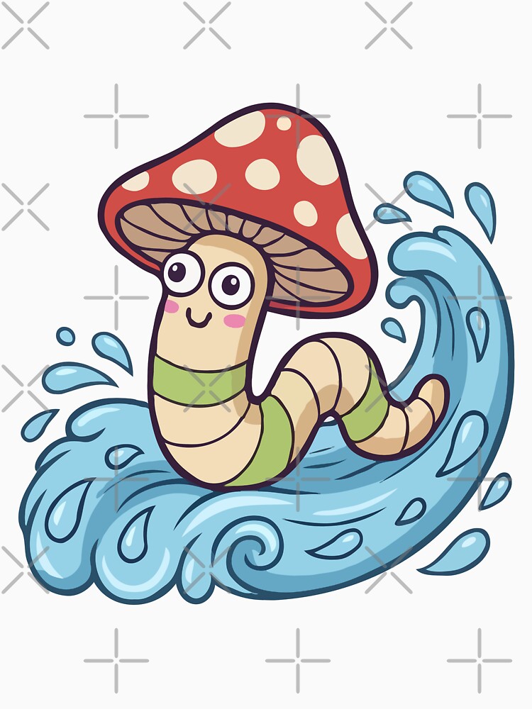 Surfing Kawaii Worm in Red Toadstool Hat by Emegan Print Art