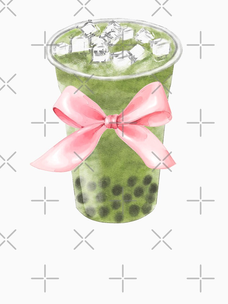Coquette Matcha Boba Tea with Pink Bow – Cute Feminine Drink Art by DivinePassion