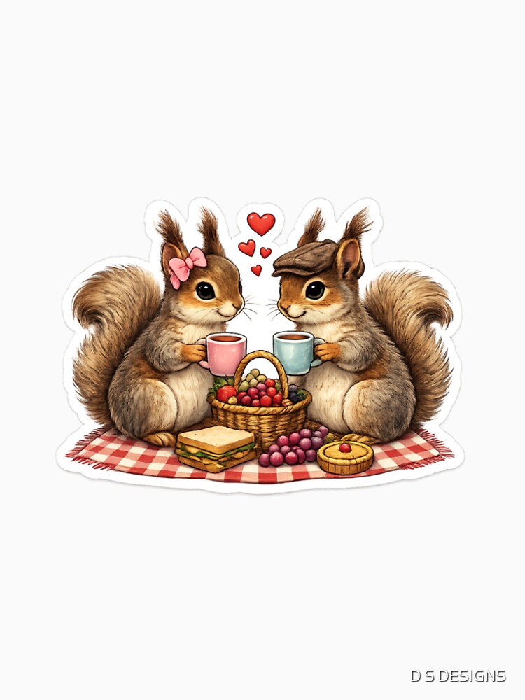 Romantic Squirrel Picnic Sticker | Cute Woodland Couple with Coffee, Picnic Basket & Hearts by D S DESIGNS