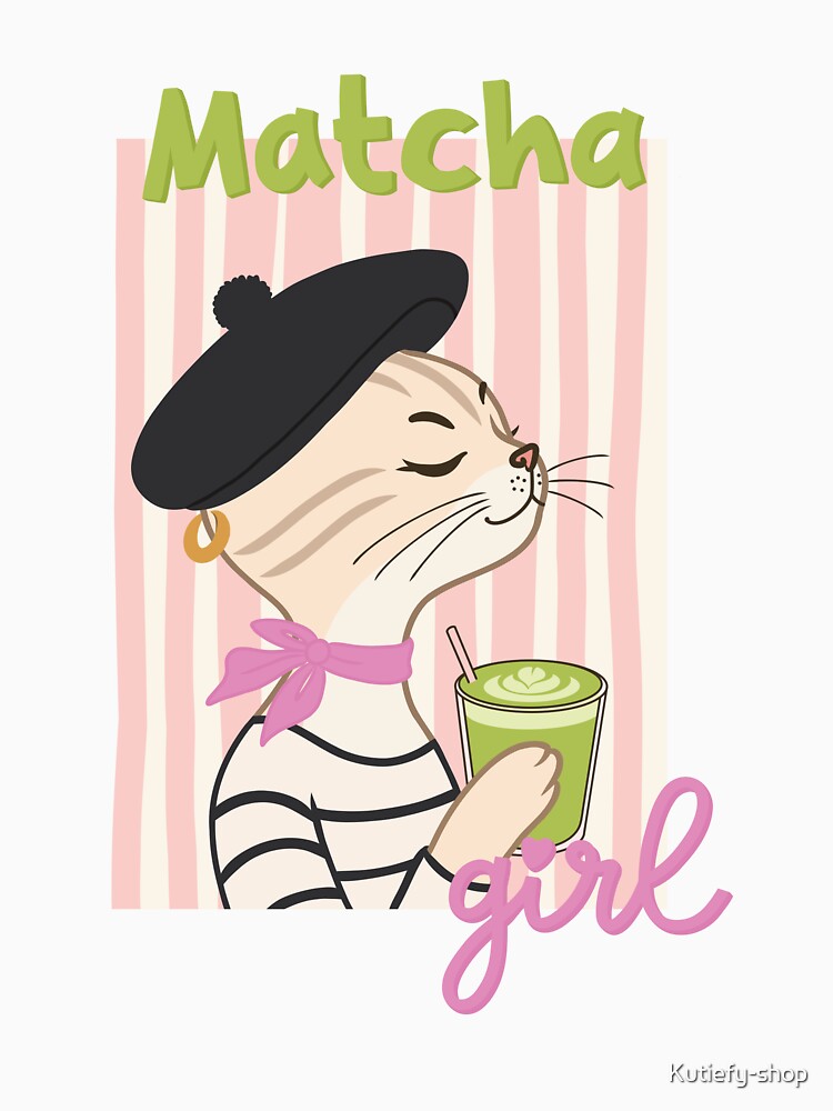 Matcha Girl Fashion Cat | Cute French Cat Drinking Matcha | Coquette Aesthetic by Kutiefy-shop