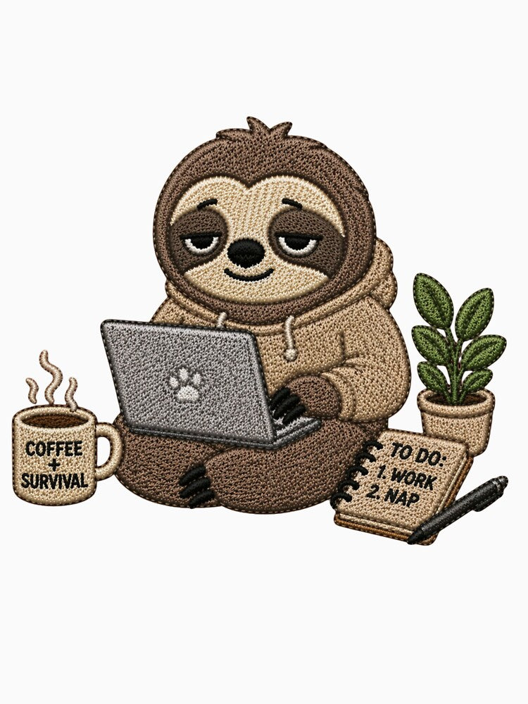 Cute Work From Home Sloth Embroidery Design – Tired Laptop Mood, Cozy Relatable Aesthetic by ColorSplash123