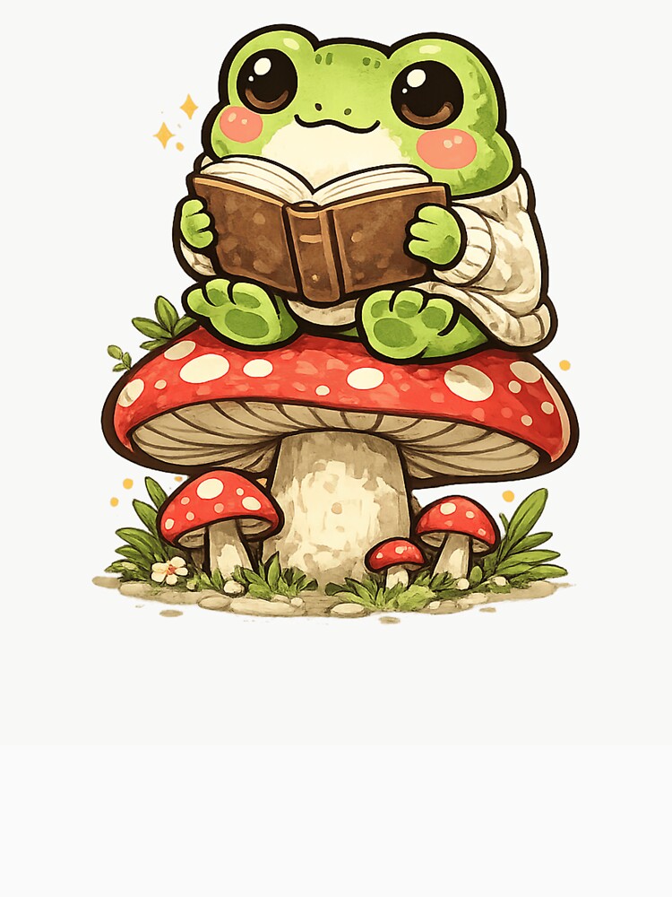 Cute Frog Sitting on Mushroom Reading Book – Whimsical Fantasy Book Lover Frog Sticker by Ortegan90