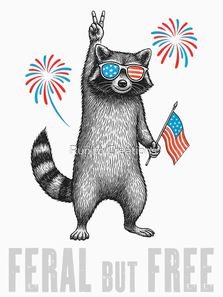 Funny Feral & Free Raccoon Saying, Unique 4th of July Lovers American Feral Girl Summer Meme, Patriotic Independence Day Gift by Run to Creations
