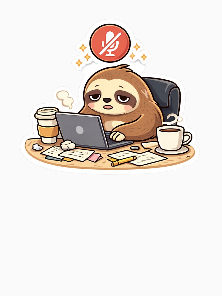 Tired Sloth Remote Worker Sticker – Funny Online Meeting Mute Button Sloth by ZYNORAworld