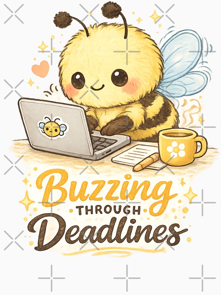 Cute Kawaii Bee Working From Home | Buzzing Through Deadlines Laptop Illustration by PopCulturePixel