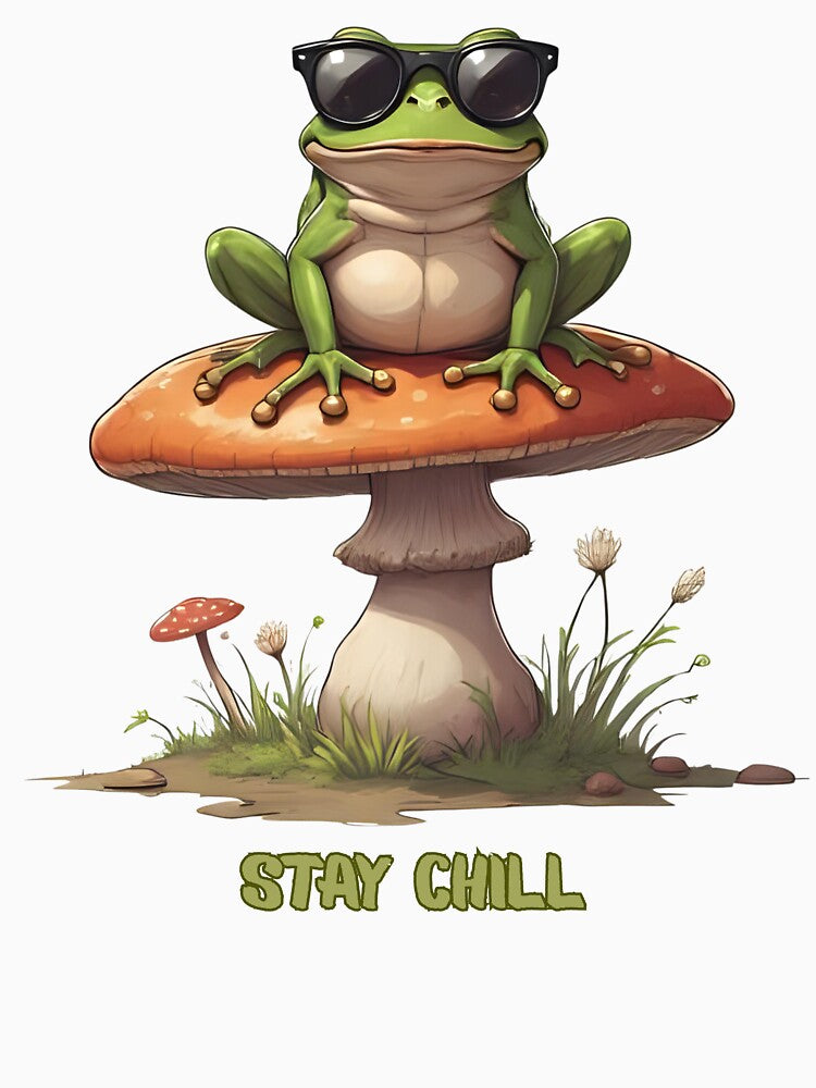 Chill Frog Sitting on a Mushroom – Cute Retro Forest Vibes by Pixel--Threads