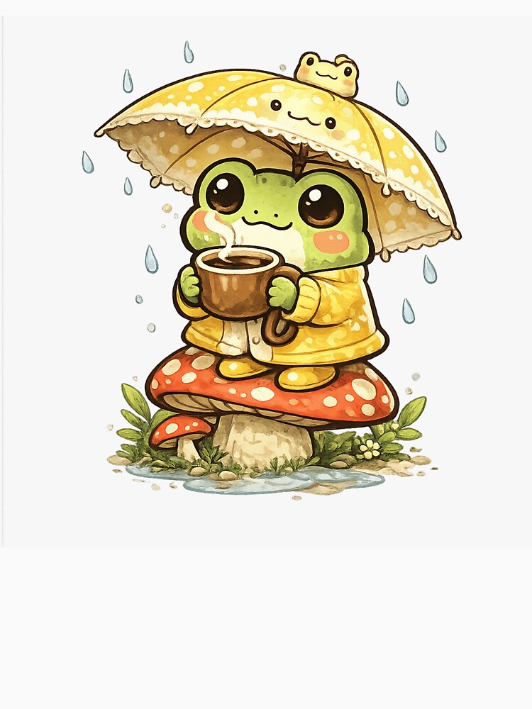 Cute Frog Sitting on Mushroom Drinking Coffee – Rainy Day Umbrella Frog Aesthetic Sticker by Ortegan90