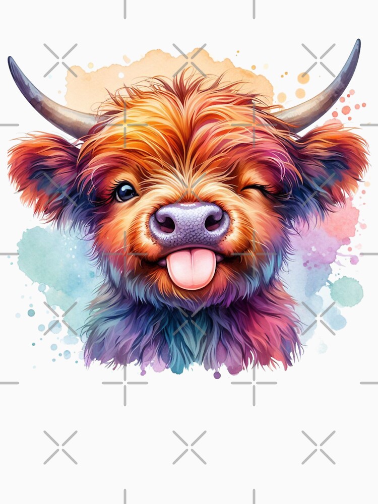 Cute Scottish Baby Highland Cow Calf Pulling Funny Faces Colorful Watercolor by MaedK