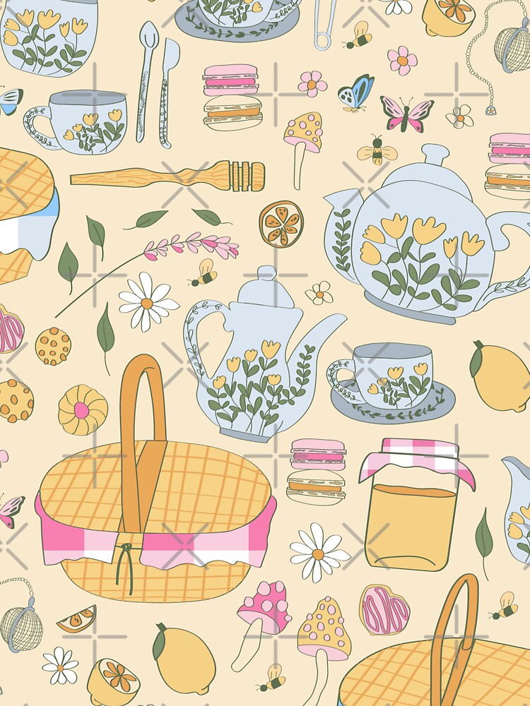 cottagecore picnic tea party mushrooms yellow by Gossip Rag