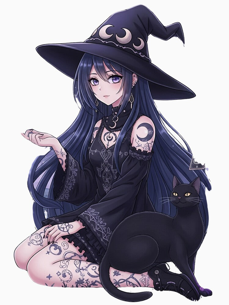 Dark Fantasy Anime Girl & Gothic Black Cat Art by RehanInkDesigns
