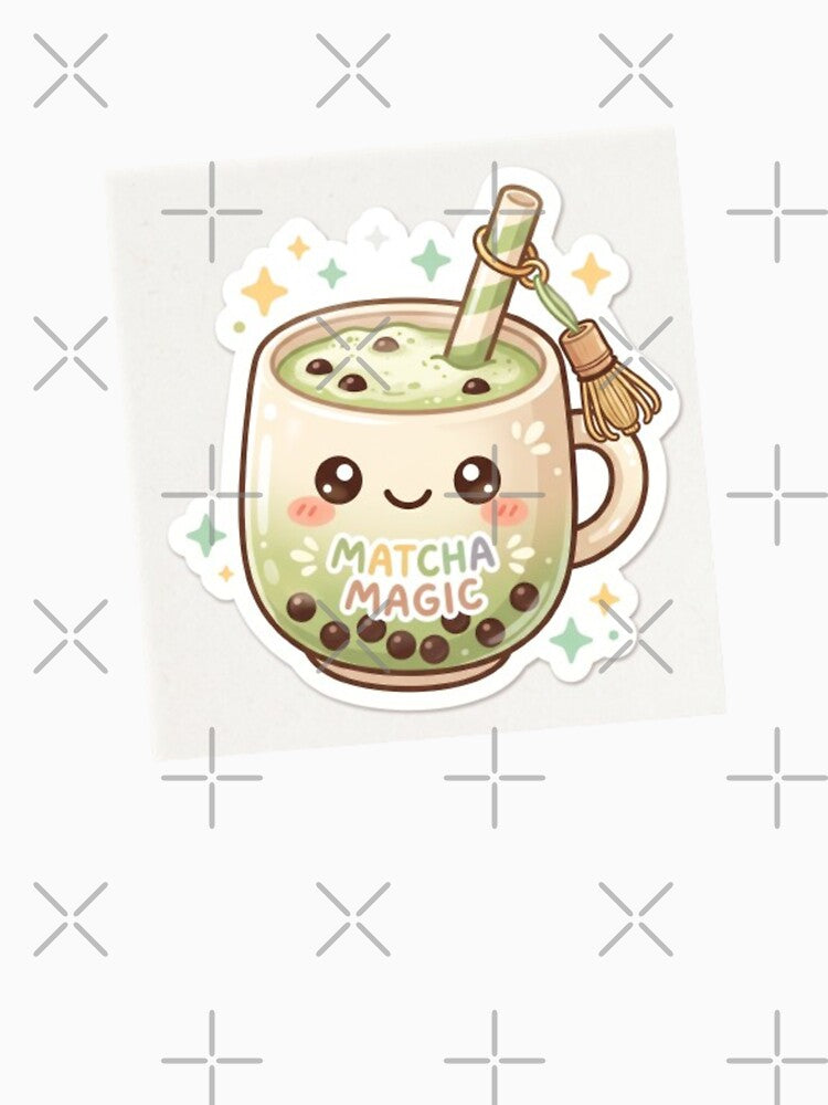 Cute Matcha Latte Sticker | Kawaii Matcha Drink with Bamboo Whisk Charm & Sparkles by DmaarGroup