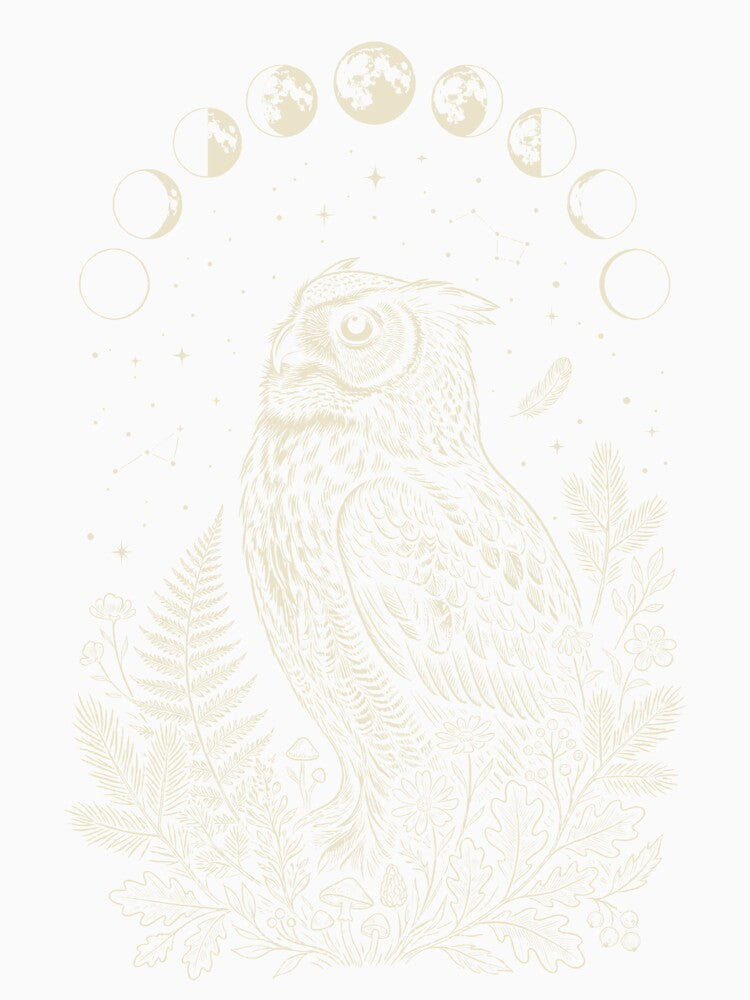 Owl Moon Phases – Mystical Forest Guardian Celestial Illustration by Skyleton